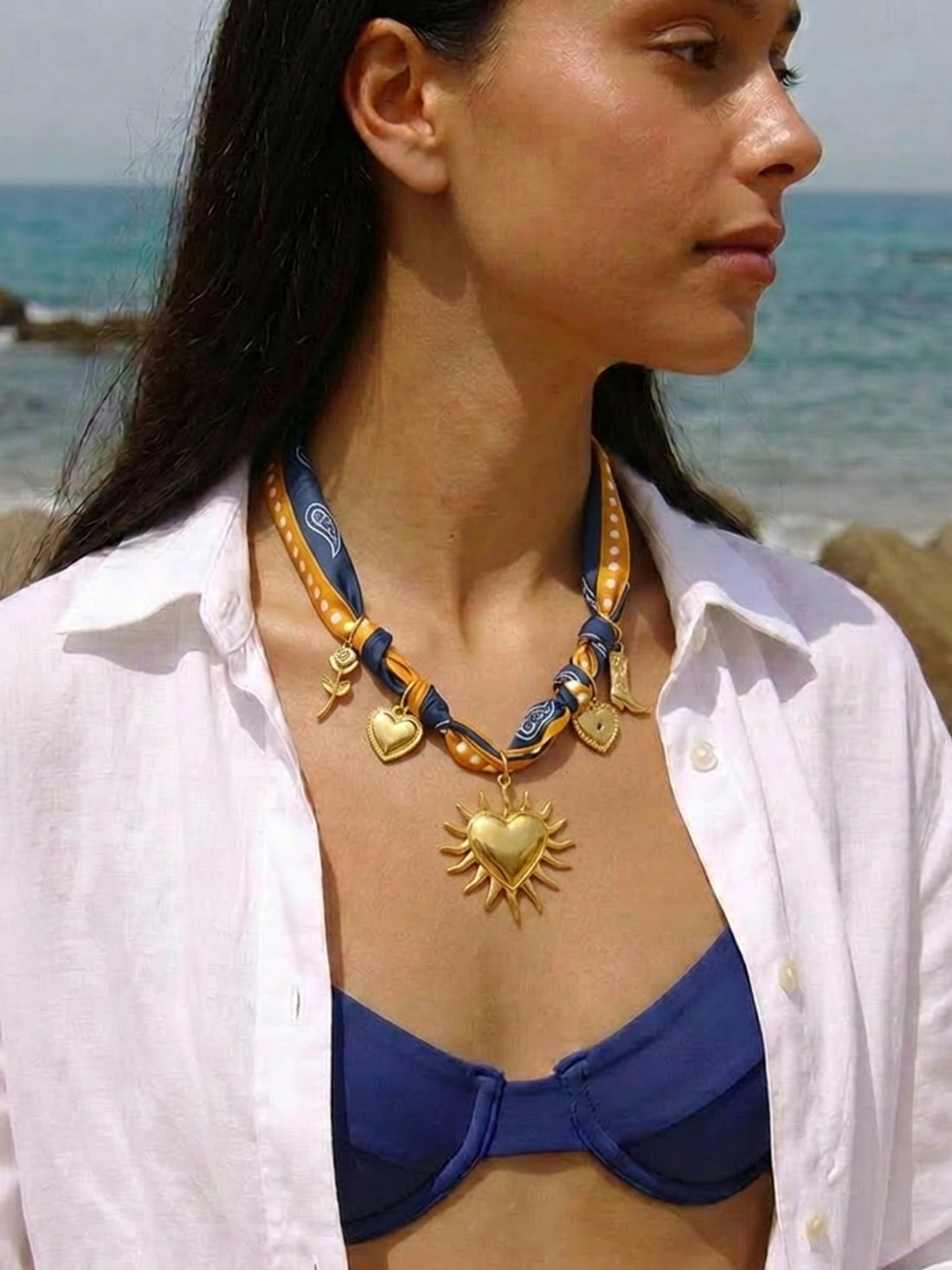 Golden Heart Charm Scarf Necklace