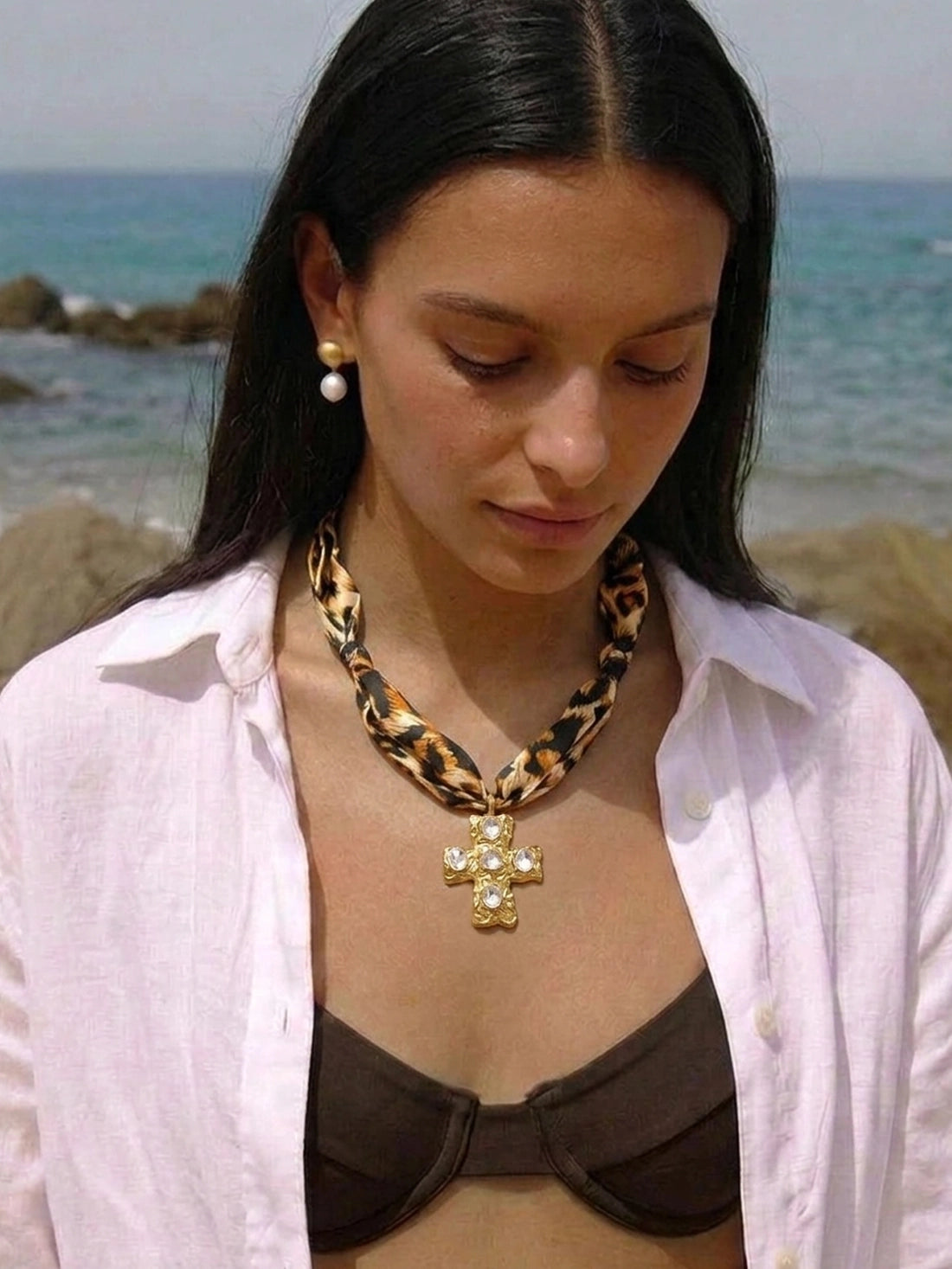 Leopard Cross Scarf Necklace